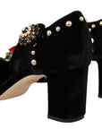 Elegant Velvet Studded Heels with Floral Accent