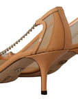 Elegant Beige Mesh Pumps with Silver Chains