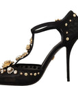 Elegant Crystal-Embellished Mesh T-Strap Pumps