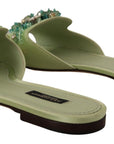 Elegant Crystal-Embellished Green Leather Slides