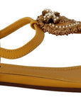 Mustard T-Strap Flat Sandals with Heart Embellishment