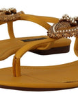 Mustard T-Strap Flat Sandals with Heart Embellishment