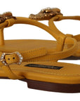 Mustard T-Strap Flat Sandals with Heart Embellishment