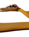 Mustard T-Strap Flat Sandals with Heart Embellishment