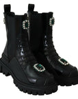 Elegant Black Leather Combat Boots with Crystal Detail