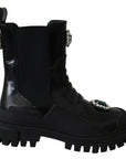 Elegant Black Leather Combat Boots with Crystal Detail