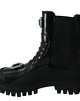 Elegant Black Leather Combat Boots with Crystal Detail