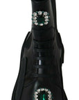 Elegant Black Leather Combat Boots with Crystal Detail