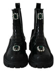 Elegant Black Leather Combat Boots with Crystal Detail