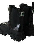 Elegant Black Leather Combat Boots with Crystal Detail