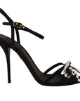 Elegant Black Viscose Ankle Strap Sandals with Crystals