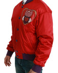 Vibrant Red Bomber Jacket with Multicolor Motif