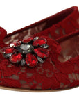 Radiant Red Lace Ballet Flats with Crystal Buckle