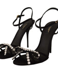 Elegant Black Viscose Ankle Strap Sandals with Crystals