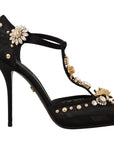 Elegant Crystal-Embellished Mesh T-Strap Pumps