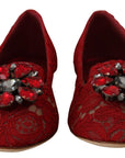 Radiant Red Lace Ballet Flats with Crystal Buckle