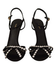 Elegant Black Viscose Ankle Strap Sandals with Crystals