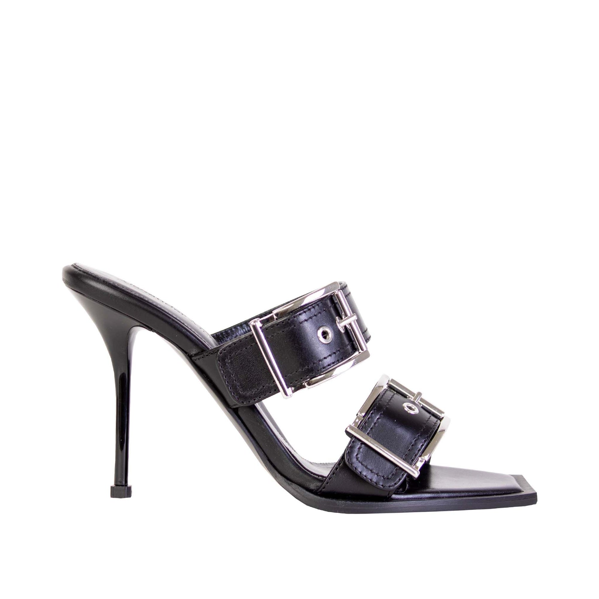 Elegant Heeled Black Leather Sandals