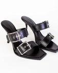 Elegant Heeled Black Leather Sandals