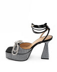 Crystal Bow Black Leather Sandals